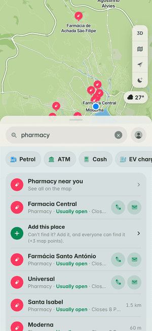 Searching for “pharmacy” in Praia: Farmacia Central, Farmácia Santo António, Universal and more, on the map and in the list