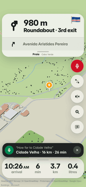 Driving in Praia, asking by voice “How far to Cidade Velha”; the answer: Cidade Velha · 16 km · 26 min