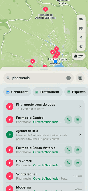 Recherche « pharmacie » à Praia : Farmacia Central, Farmácia Santo António, Universal et d’autres, sur la carte et dans la liste