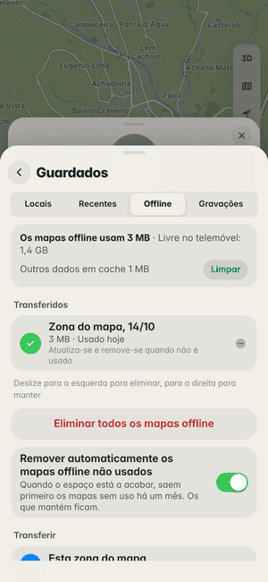 Mapas offline na Praia: a “Zona do mapa, 14/10” transferida (3 MB), pronta a usar sem rede