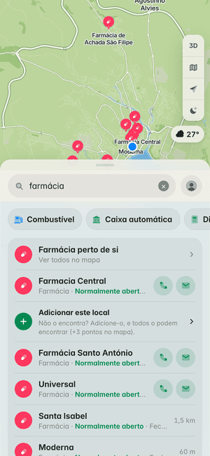 Pesquisa de “farmácia” na Praia: Farmacia Central, Farmácia Santo António, Universal e outras, no mapa e na lista