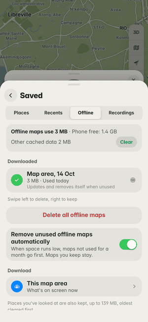 Offline maps in Libreville: “Map area, 14 Oct” downloaded (3 MB), ready to use with no signal
