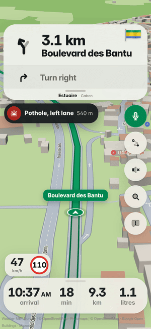 Driving in Libreville: the “Pothole, left lane 540 m” banner, a pothole other drivers found ahead