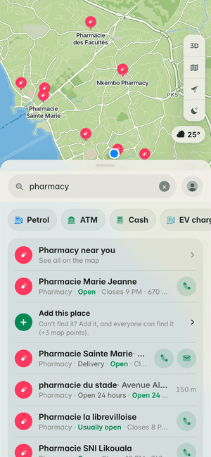 Searching for “pharmacy” in Libreville: Pharmacie Marie Jeanne, Pharmacie Sainte Marie, pharmacie du stade and more, on the map and in the list