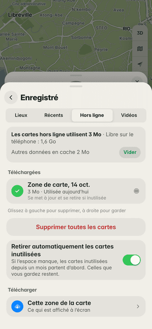 Cartes hors ligne à Libreville : « Zone de carte, 14 oct. » téléchargée (3 Mo), utilisable sans réseau