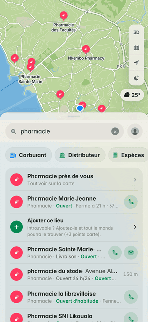 Recherche « pharmacie » à Libreville : Pharmacie Marie Jeanne, Pharmacie Sainte Marie, pharmacie du stade et d’autres, sur la carte et dans la liste