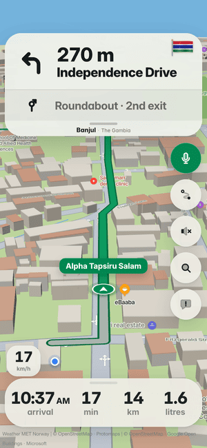 Driving in Banjul: in 270 m, turn left onto TAH 7/Independence Drive; The Gambia’s flag on the turn card