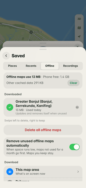 Offline maps in Banjul: the Greater Banjul (Banjul, Serrekunda, Kanifing) map downloaded (13 MB), ready to use with no signal