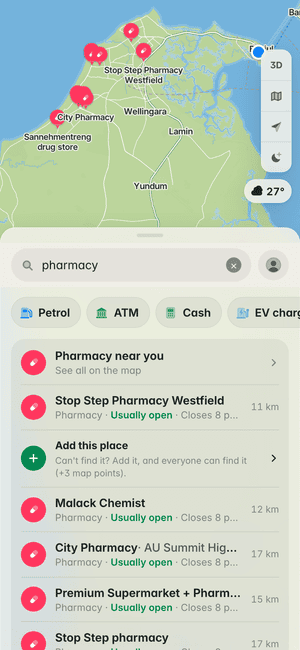 Searching for “pharmacy” in Banjul: Stop Step Pharmacy Westfield, Malack Chemist, City Pharmacy and more, on the map and in the list