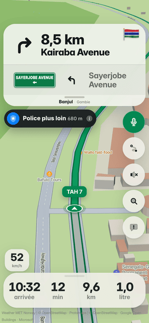 Conduite à Banjul : l’alerte « Police plus loin 680 m » sous la carte de virage, d’après les signalements d’autres conducteurs