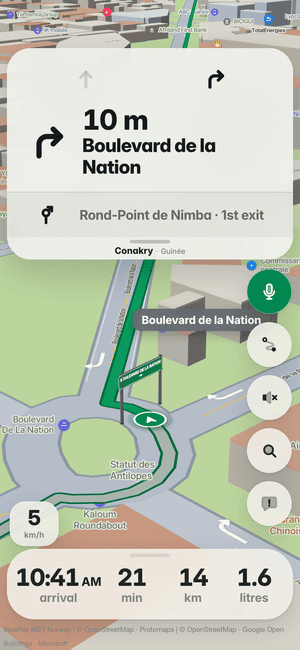 Driving in Conakry: in 10 m, turn right onto Boulevard de la Nation/KA. 080. Continue on Boulevard de la Nation, with the lane arrows; Guinea’s flag on the turn card