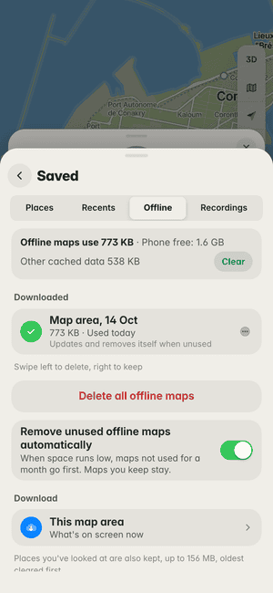 Offline maps in Conakry: “Map area, 14 Oct” downloaded (773 KB), ready to use with no signal