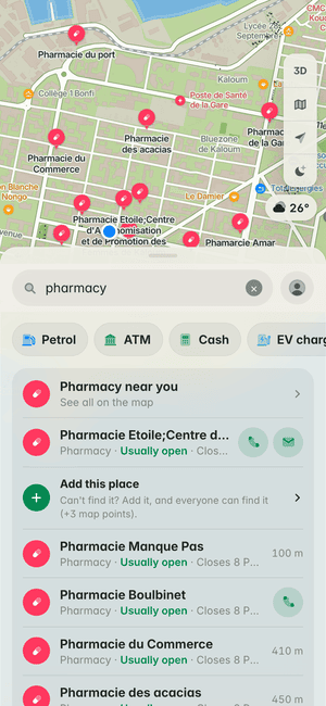 Searching for “pharmacy” in Conakry: Pharmacie Etoile;Centre d'Autonomisation et de Promotion des Femmes de Kaloum, Pharmacie Manque Pas, Pharmacie Boulbinet and more, on the map and in the list
