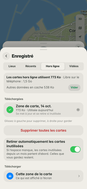 Cartes hors ligne à Conakry : « Zone de carte, 14 oct. » téléchargée (773 Ko), utilisable sans réseau