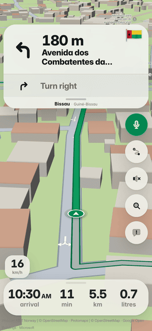 Driving in Bissau: in 180 m, turn left onto Avenida dos Combatentes da Liberdade da Pátria/N1; Guinea-Bissau’s flag on the turn card