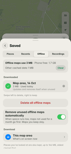 Offline maps in Bissau: “Map area, 14 Oct” downloaded (3 MB), ready to use with no signal