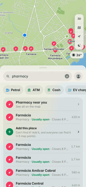 Searching for “pharmacy” in Bissau: Farmácia, Farmácia Amílcar Cabral, Farmácia Central and more, on the map and in the list
