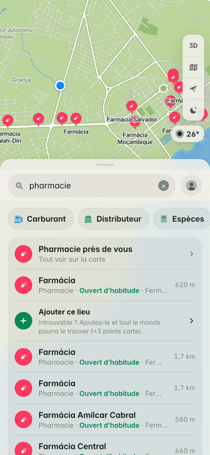 Recherche « pharmacie » à Bissau : Farmácia, Farmácia Amílcar Cabral, Farmácia Central et d’autres, sur la carte et dans la liste
