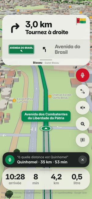 Conduite à Bissau, question à voix haute « à quelle distance est Quinhamel » ; la réponse : Quinhamel · 35 km · 53 min