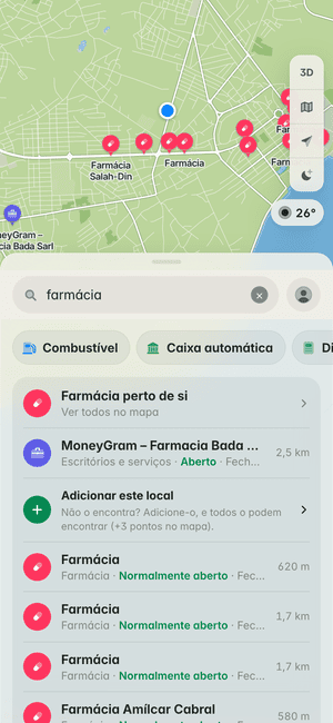 Pesquisa de “farmácia” em Bissau: Farmácia, Farmácia Amílcar Cabral, Farmácia Central e outras, no mapa e na lista