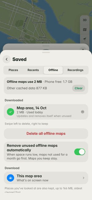 Offline maps in Monrovia: “Map area, 14 Oct” downloaded (2 MB), ready to use with no signal