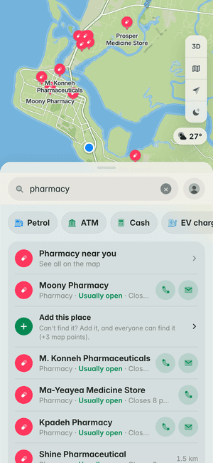 Searching for “pharmacy” in Monrovia: Moony Pharmacy, M. Konneh Pharmaceuticals, Ma-Yeayea Medicine Store and more, on the map and in the list