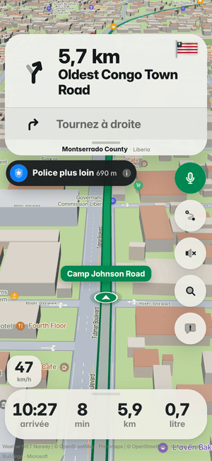 Conduite à Monrovia : l’alerte « Police plus loin 690 m » sous la carte de virage, d’après les signalements d’autres conducteurs