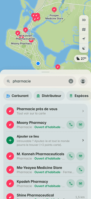 Recherche « pharmacie » à Monrovia : Moony Pharmacy, M. Konneh Pharmaceuticals, Ma-Yeayea Medicine Store et d’autres, sur la carte et dans la liste