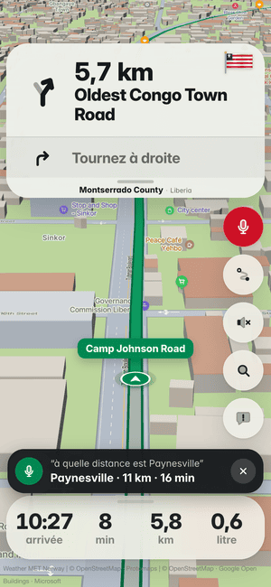 Conduite à Monrovia, question à voix haute « à quelle distance est Paynesville » ; la réponse : Paynesville · 11 km · 16 min