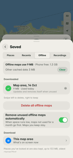 Offline maps in Freetown: “Map area, 14 Oct” downloaded (9 MB), ready to use with no signal