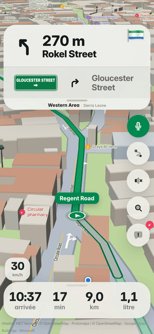 Conduite à Freetown : dans 270 m, serrez à gauche dans Rokel Street ; le drapeau du pays sur la carte de virage