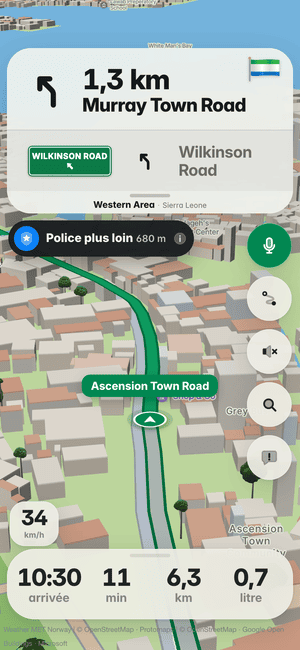 Conduite à Freetown : l’alerte « Police plus loin 680 m » sous la carte de virage, d’après les signalements d’autres conducteurs