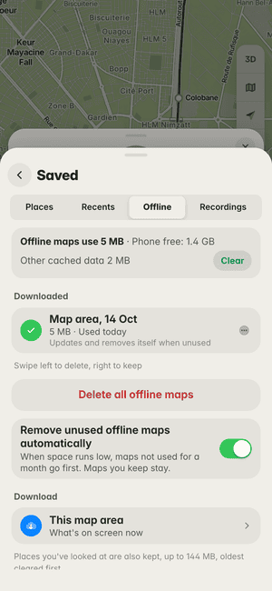Offline maps in Dakar: “Map area, 14 Oct” downloaded (5 MB), ready to use with no signal