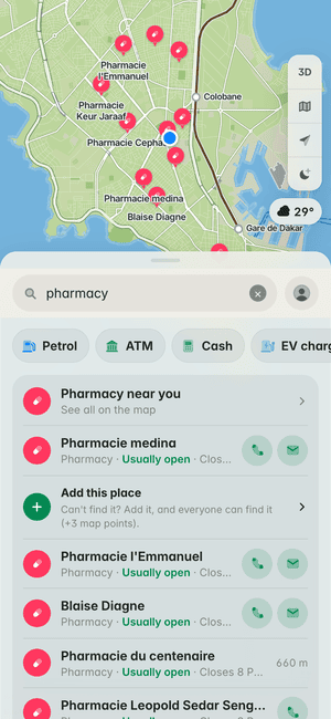Searching for “pharmacy” in Dakar: Pharmacie medina, Pharmacie l'Emmanuel, Blaise Diagne and more, on the map and in the list