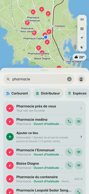 Recherche « pharmacie » à Dakar : Pharmacie medina, Pharmacie l’Emmanuel, Blaise Diagne et d’autres, sur la carte et dans la liste