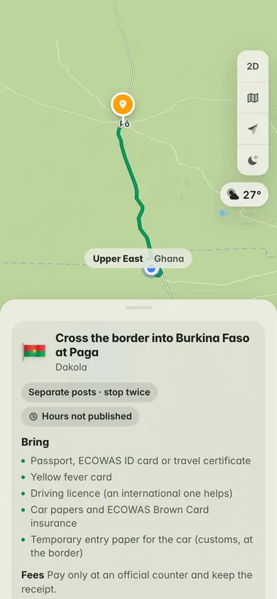 Planned from Ghana’s Upper East Region: cross the border into Burkina Faso at Paga, Dakola: separate posts, stop twice, hours not published, and what to bring, from the passport and yellow fever card to the car papers