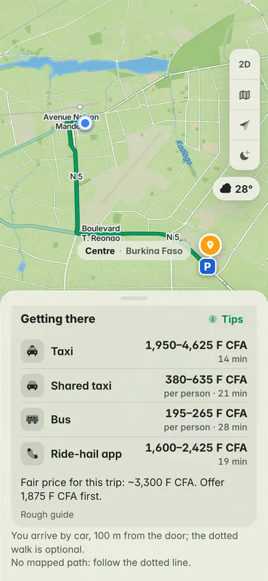 Getting there in Ouagadougou from Place des Nations Unies to Ouaga 2000: taxi, shared taxi, bus and ride-hail prices in F CFA, and a fair price to offer first