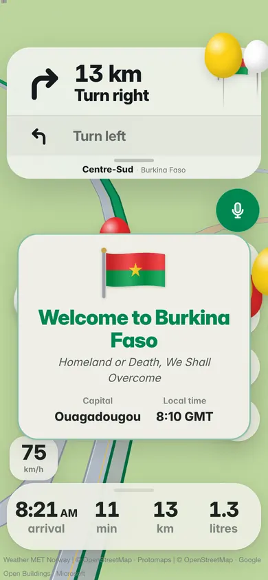 Welcome to Burkina Faso: the flag, the motto Homeland or Death, We Shall Overcome, the capital Ouagadougou and the local time, 8:10 GMT, on the road to Pô