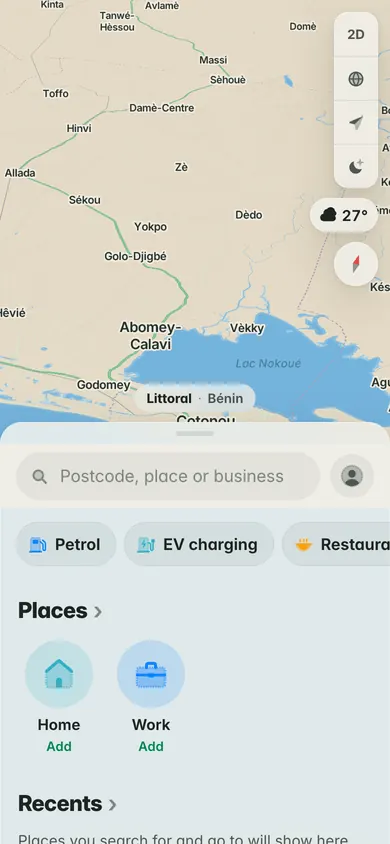 The map around Lake Nokoué with the chip Littoral · Bénin, and Petrol, EV charging and Restaurant shortcuts