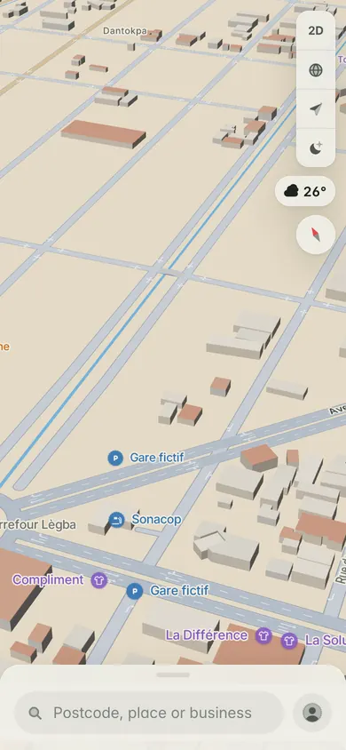 The 3D map of Cotonou near Dantokpa, with Carrefour Légba, filling stations and the search bar