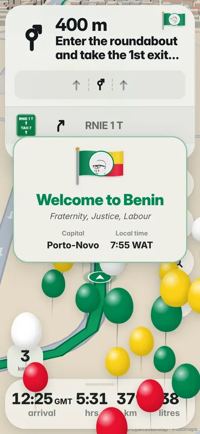 Welcome to Benin: the flag, the motto Fraternity, Justice, Labour, the capital Porto-Novo and the local time, 7:55 WAT