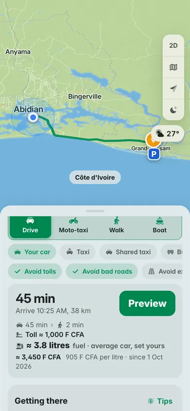 Driving from Treichville to Grand-Bassam: 45 minutes and 38 km, a toll of about 1,000 F CFA and about 3,450 F CFA of fuel at 905 F CFA a litre