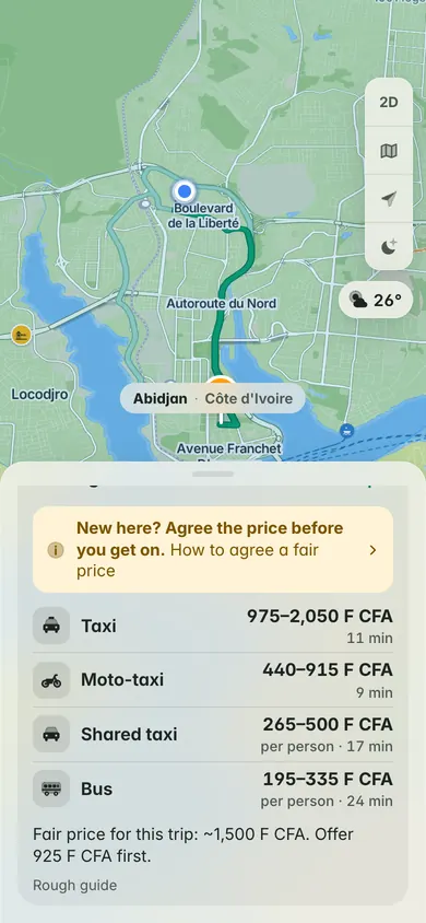 Adjamé to the Plateau: a taxi for 975–2,050 F CFA, a moto-taxi for 440–915, a shared taxi seat for 265–500 and the bus for 195–335, with the fair price, about 1,500 F CFA