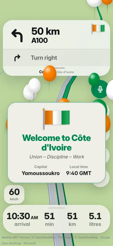 Welcome to Côte d’Ivoire: the flag, the motto Union – Discipline – Work, the capital Yamoussoukro and the local time, 9:40 GMT, with orange, white and green balloons