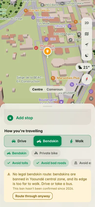 Directions by bendskin from Mvog-Mbi to the Poste Centrale in Yaoundé: No legal bendskin route, bendskins are banned in Yaoundé central zone, drive or take a bus