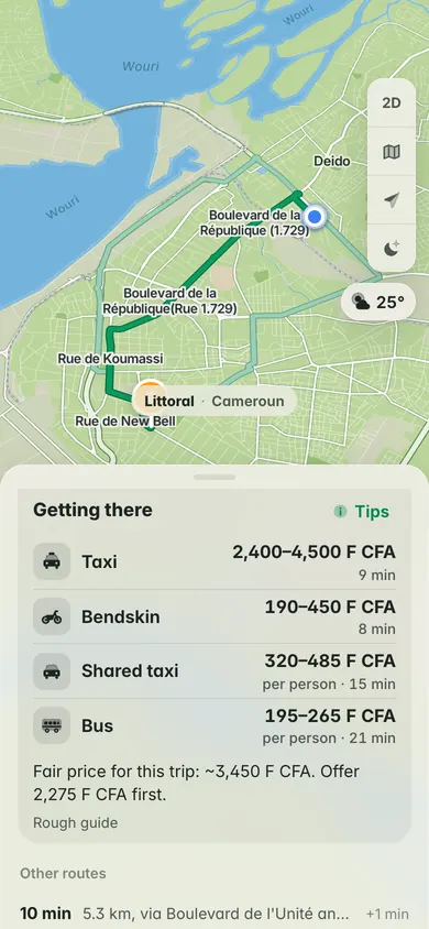 Getting there in Douala from Marché Deido to Bonapriso: taxi, bendskin, shared taxi and bus prices in F CFA, and a fair price to offer first
