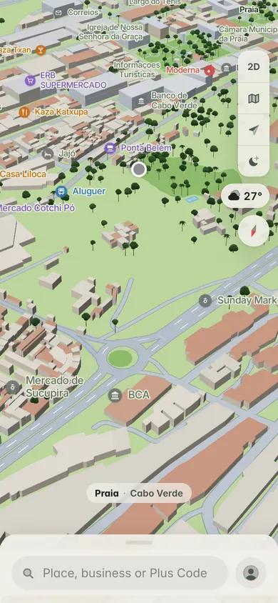 The 3D map of Praia's Plateau, with the Banco de Cabo Verde, the Supremo Tribunal de Justiça, the Câmara Municipal and the search bar