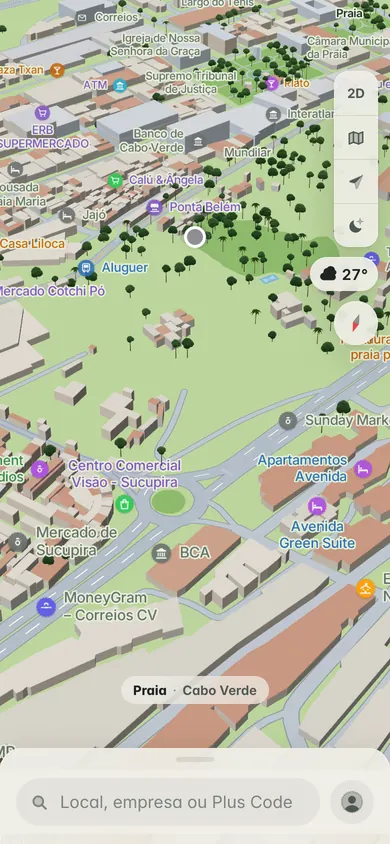 O mapa 3D do Plateau da Praia, com o Banco de Cabo Verde, o Supremo Tribunal de Justiça, a Câmara Municipal e a barra de pesquisa