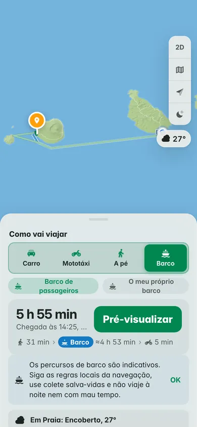De barco do Plateau da Praia até São Filipe, no Fogo: 5 h 55 min, o caminho a pé até ao porto e cerca de 4 h 53 min de barco, com o lembrete do colete salva-vidas e o tempo na Praia