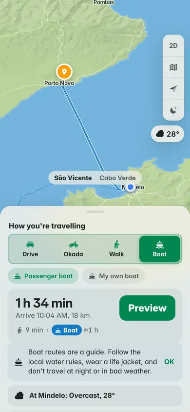 By boat from Praça Nova in Mindelo to Porto Novo on Santo Antão: 1 h 34 min with the walk to the port and about an hour on the ferry, with a life-jacket reminder and the weather at Mindelo